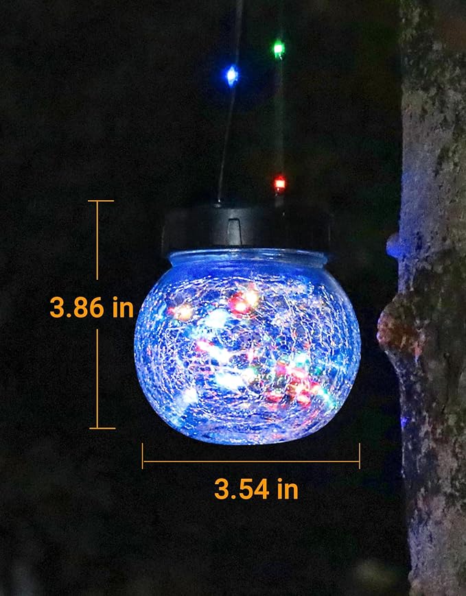 Solar Lights Outdoor Waterproof 12-Pack, Solar Powered Hanging Lantern Cracked Glass Hanging Globes for Yard Decor Christmas Decoration, Shepherd Hook, Garden Tree Ornaments, RGB