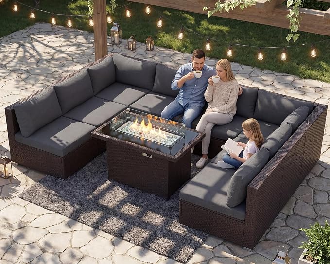 NICESOUL 9 Piece Extra Large Outdoor Patio Furniture Set with Fire Pit Natural Gas/Propane, 29.3 High Back Modular Sectional Couch Sets, Deep Seat Conversation Set, Brown Rattan and Dark Grey Cushion