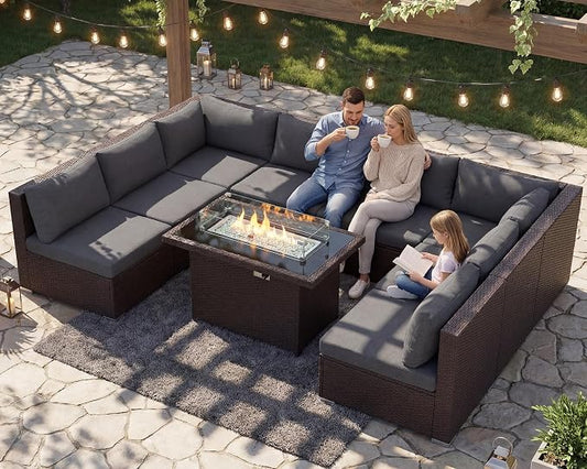 NICESOUL 9 Piece Extra Large Outdoor Patio Furniture Set with Fire Pit Natural Gas/Propane, 29.3 High Back Modular Sectional Couch Sets, Deep Seat Conversation Set, Brown Rattan and Dark Grey Cushion