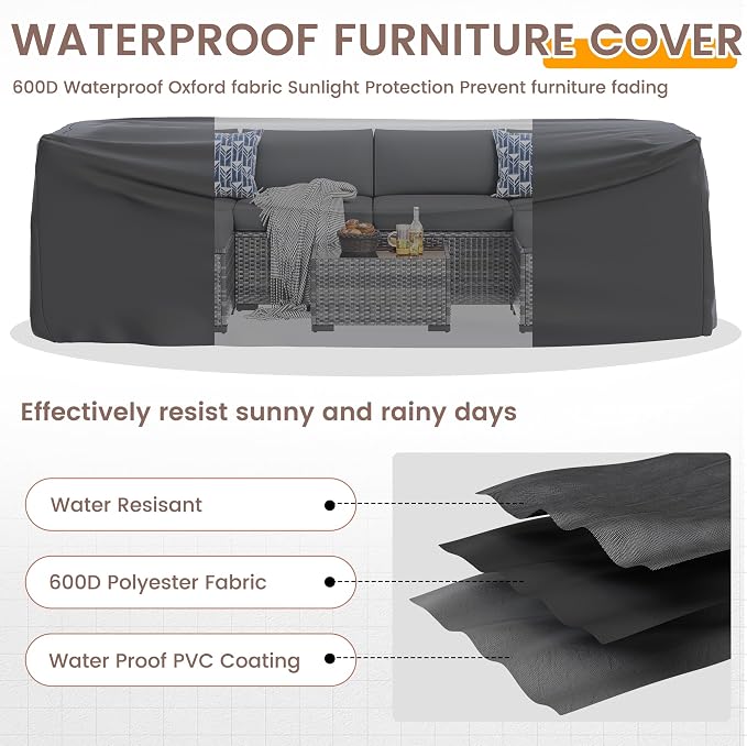 UDPATIO Patio Furniture Set with 44'' Fire Pit Table, 8 PCS Outdoor Sectional Furniture Sets, Outdoor Conversation Set PE Rattan Sofa for Backyard W/Coffee Table (Grey Cushions with Grey Rattan)