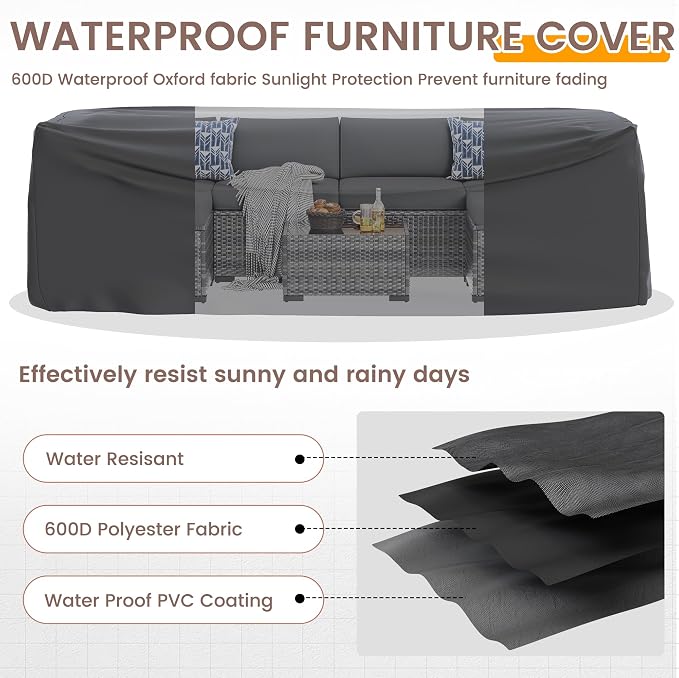 UDPATIO Patio Furniture Set, 7 Pieces PE Wicker Sectional Sofa with Tea Table, Outdoor Conversation Set for Patio, Garden, Backyard (Grey Cushions with Grey Rattan)