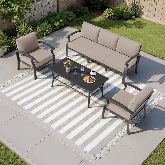Kullavik Aluminum Patio Furniture Set,4 Piece Modern Metal Outdoor Patio Furniture w/5.1'' Thick Cushion and Rectangular Coffee Table,Patio Conversation Sets for Porch,Deck,Sand