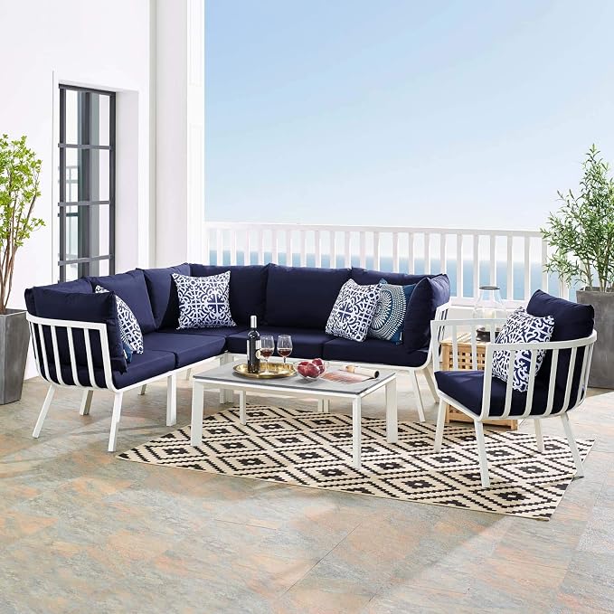 Casafoyer Riverside 7 Piece Outdoor Patio Aluminum Set, 85.5 x 114 x 28, White Navy