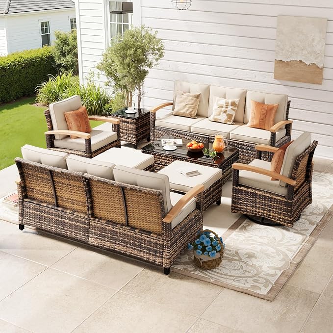 MEISSALIVVE 8 Pieces Patio Furniture Sets,Wicker Patio Conversation Sets with 2 Wood Armrests Swivel Glide Chairs, Outdoor Conversation Set for Deck Yard and Poolside (Beige)