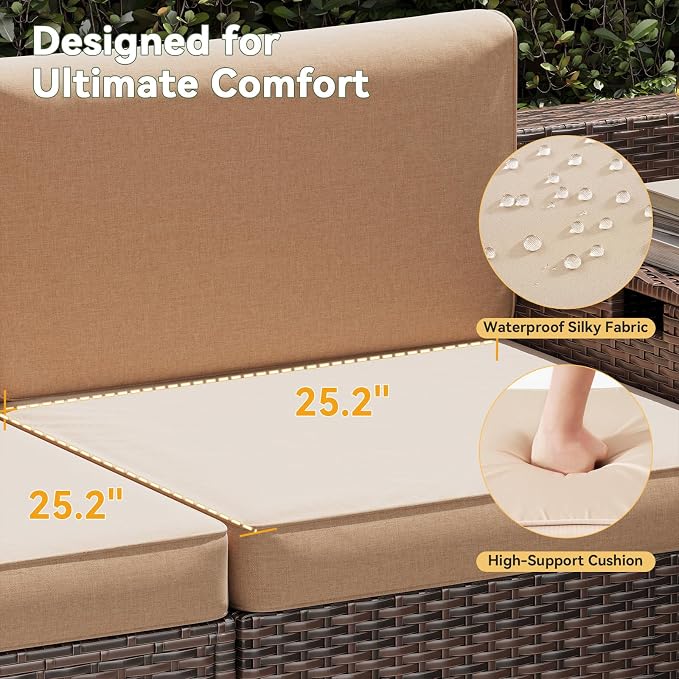 Aoxun 7 Piece Patio Furniture Set, All-Weather Wicker Outdoor Furniture 6 Seats Patio Conversation Sets with Storage Coffee Table, Outdoor Sectional Sofas for Backyard Garden(Brown/Khaki)
