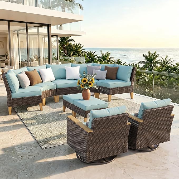 PHI VILLA Wicker Patio Furniture Set with Swivel Chairs, 9 Pieces Half Moon Outdoor Conversations Set, Oversized Rattan Patio Sectional Sofa with Ottoman, Aqua Blue Cushion