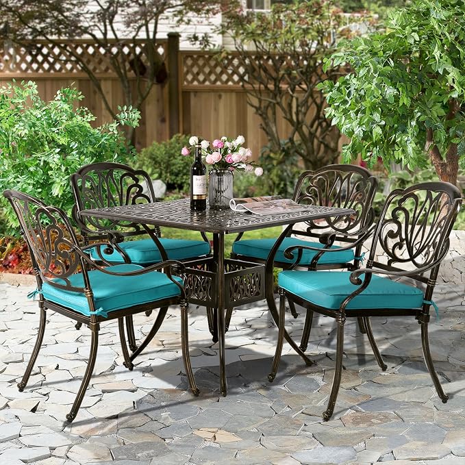 5-Piece Outdoor Patio Dining Set, All-Weather Cast Aluminum Patio Furniture Set for Backyard Garden Deck with 4 Chairs, 4 Cushions and 35.4” Square Table, 2.2" Umbrella Hole, Blue