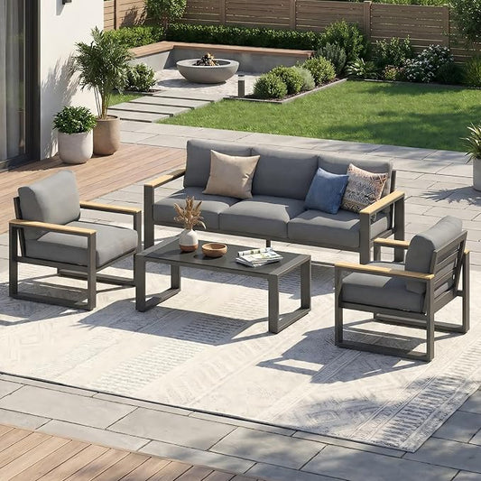 Aluminum Outdoor Patio Furniture Set with Height-adjustable Footrest for Lawn Porches Patio, 5-Seats All-weather Patio Sofa Sets with Coffee Table, Modern Outdoor Patio Conversation set, Grey