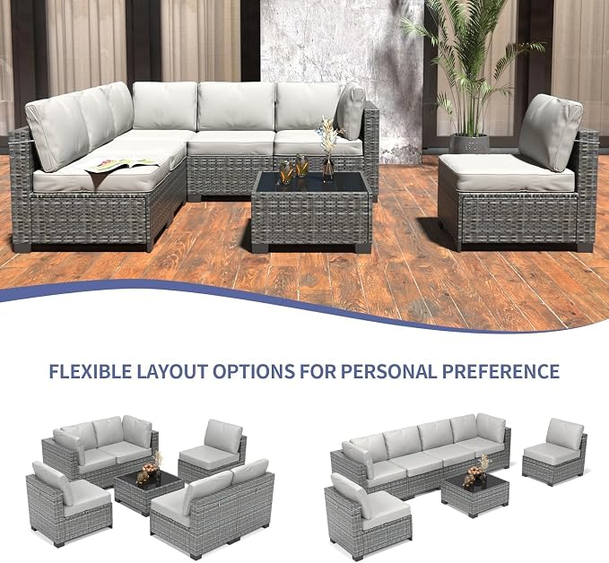 Garvee Patio Furniture Set, 7-Piece Outdoor Couches for Patio, Wicker Sectional Sofa with Coffee Table & Cushions