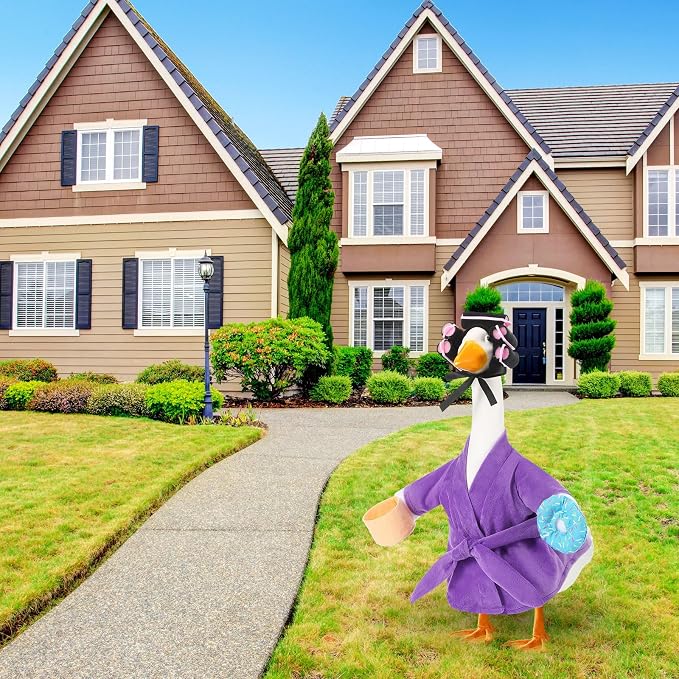 Shyyween Lady Porch Goose Outfit for 17'' Cement Plastic Lawn Goose Statue Clothes Purple Bathrobe Coffee Cup Curlers for Outdoor Garden Yard Patio Decoration