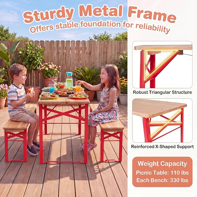 HONEY JOY Kids Picnic Table, 43.5 Inch Folding Toddler Outdoor Table & 2 Benches, Fir Wood Top & Metal Frame, No Assembly, Portable Easy to Store Camping Table and Chairs for Patio Backyard (Red)