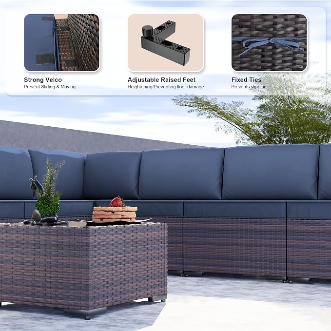 Kullavik 9PCS Outdoor Patio Furniture Set PE Wicker Rattan Sectional Sofa Patio Conversation Sets,Navy Blue