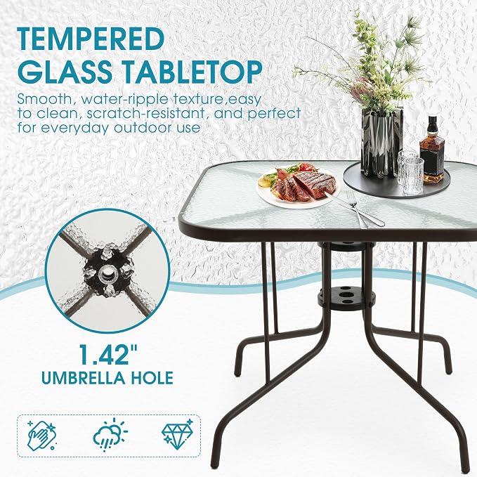 Patio Dining Table for 4 with Umbrella Hole, Outdoor 5 Piece Dining Set 36" x 36", Brown, for Garden Backyard Poolside Front Proch Outside
