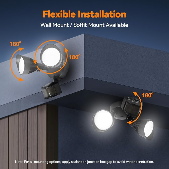 45W 5500LM PIR Motion Sensor Outdoor Lights, Dual Head LED Flood Light, 5000K Daylight, IP65 Waterproof Hardwired Dusk to Dawn Motion Detector Security Light for Outside Garage Yard (Black)