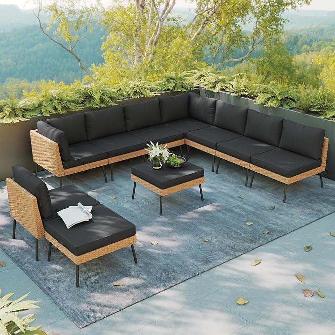Aoxun 10 Piece Patio Furniture Set, 10 Seats Outdoor Sectional Sofas with Thick Cushion, Wicker Outdoor Patio Furniture Set with Ottomans for Party, Garden, Backyard, Black