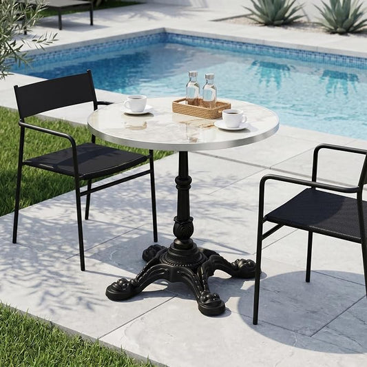 31.5 Inch Round Outdoor Patio Dining Table, Sintered Stone Bistro Table with Cast Iron Pedestal Base for Balcony Garden Poolside Cafe, Seats 2 to 4, Ivory Marble