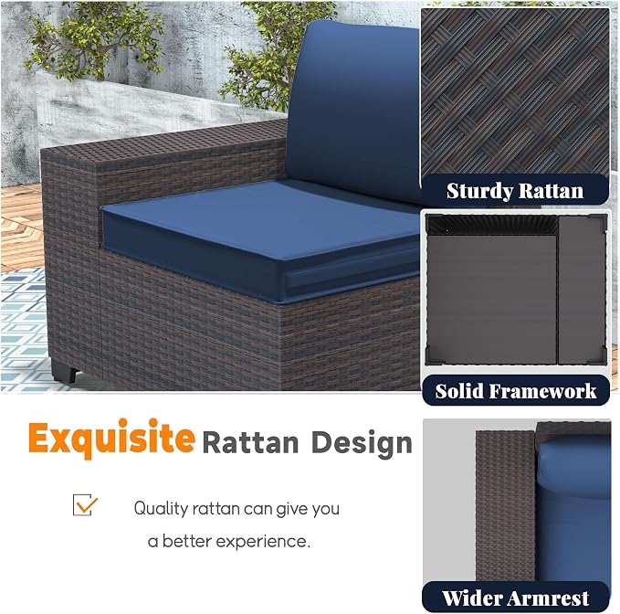 Patio Furniture Set 12 Pieces Outdoor Sectional Sofa Set,PE Rattan Wicker Patio Conversation Set with Thickened Cushions and Glass Coffee Table,NavyBlue
