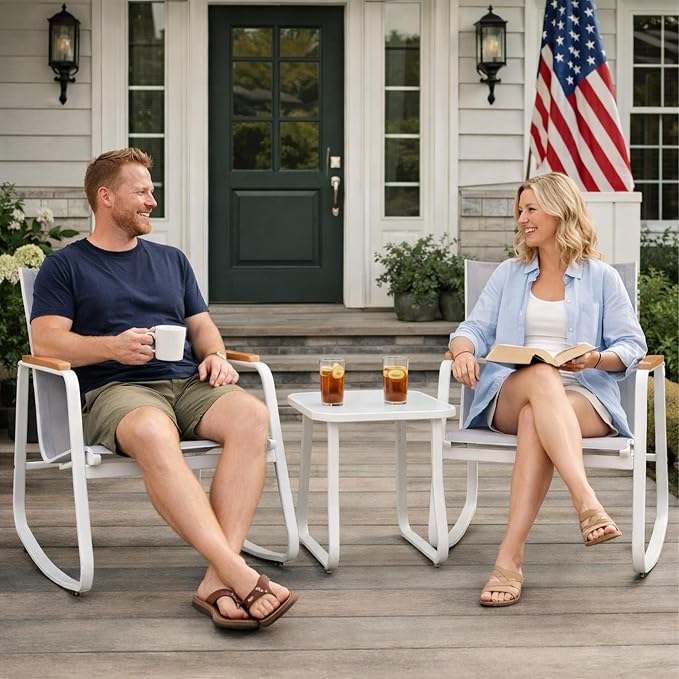 Kozyard 3-Piece Rocking Chair Set, Outdoor Rocking Textilene Bistro Set with Wooden Armrests, Outdoor Conversation Set with Glass Table for Lawn, Porch, Yard, Garden, Balcony, Poolside, White