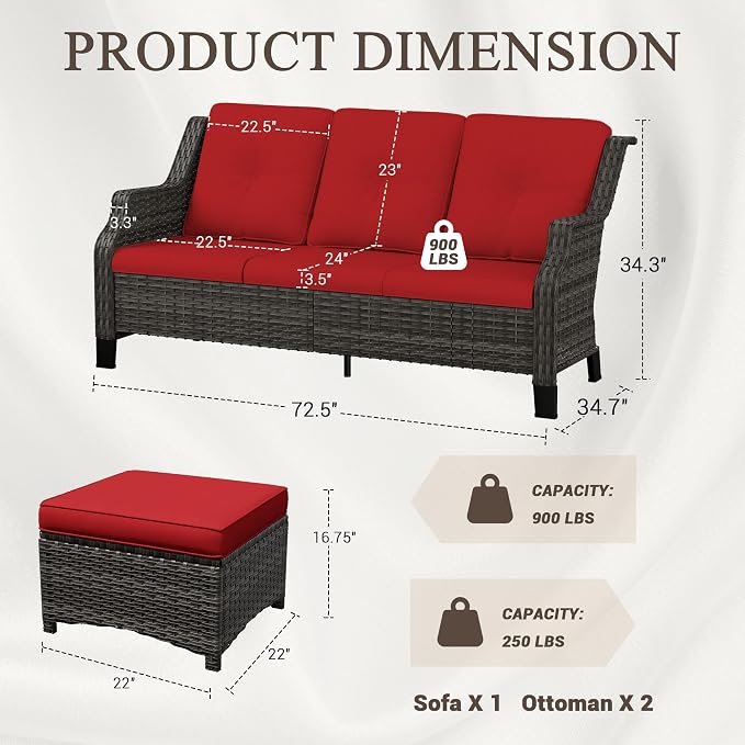 3 Pieces Patio Furniture Set, Outdoor Furniture Set with 1 Wicker Sofa, 2 PE Rattan Ottoman, Thick Cushions, Ideal for Backyard, Garden, Poolside, Red