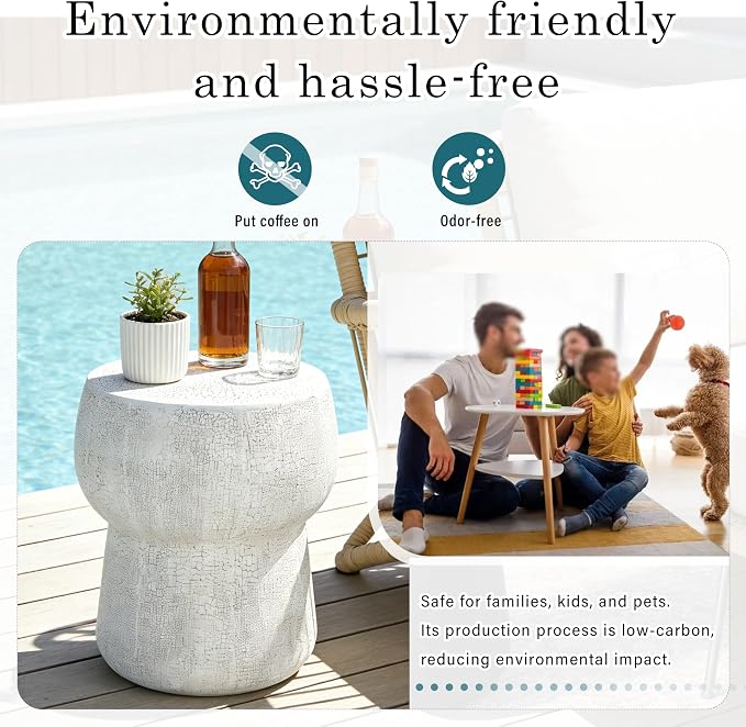 Outdoor Side Table Round Patio Concrete End Table Faux Stone Side Tables Travertine Small Coffee Tables for Outdoor, Garden Stool Plant Stand for Porch Backyard, 14.37" Mushroom Cement