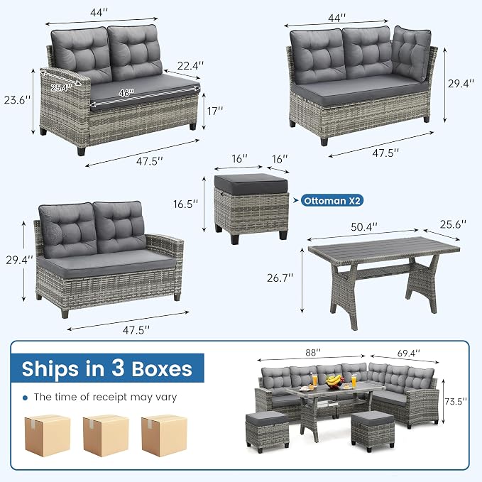 KROFEM 6 Piece Patio Furniture Set, Dining and Conversation Set, Grey | UV Treated Wicker, Machine Washable Cushions, Seats 7, 2 Ottomans, 3 Sofa Section, Dining Table, Rustproof Frame