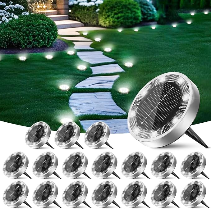 Solar Ground Lights Outdoor, 18 Pack Flat Solar Powered Disc Lights, IP68 Waterproof, Anti-Rust, Landscape Lighting for Pathway Garden Yard Lawn Walkway Landscape Driveway, Mini, Cool White
