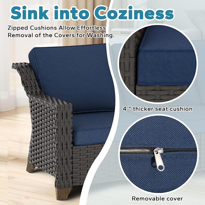 7 Pieces Outdoor Conversation Furniture Set - 77" Patio Sofa, 2 Swivel Rocker Chairs, 2 Ottomans, 1 Side Table, 1 Metal Table, Wicker Couch with Washable Cushions for Balcony (Navy Blue)