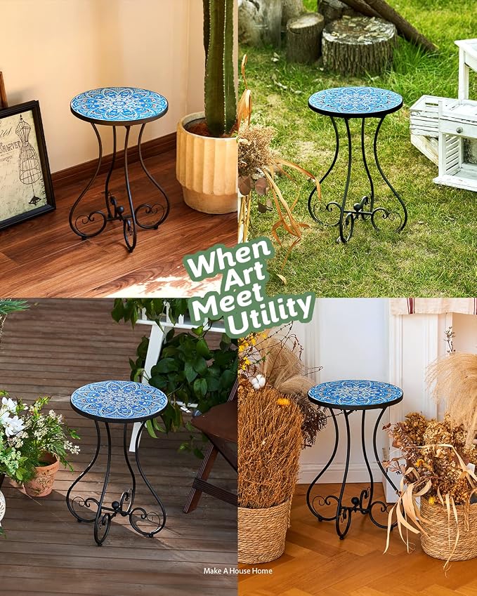 VONLUCE Outdoor Side Table and Mosaic Plant Stand, 21" Round End Table with 14" Ceramic Tile Top for Patio Porch Decor, Indoor & Outdoor Accent Table, Small Coffee Table for Home Garden, Blue Mandala