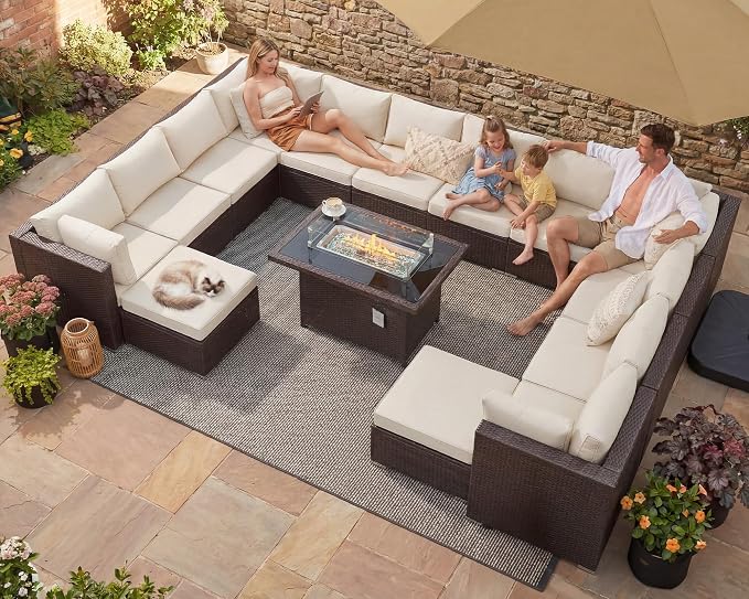 NICESOUL 15 Piece Outdoor Sectional with Fire Pit Table, Modern Luxury Patio Deep Seating w/Firepit, 29.3'' High-Back Wicker Couch Thick, Big High-Weight Capacity Sofa for Garden, Yard, Brown & Beige