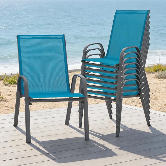 24.4" Wide Outdoor Stackable Chairs Set of 8, Stacking Patio Chairs with Textilene Fabric, Outside Furniture for Garden Backyard Balconie Poolside Deck, Blue