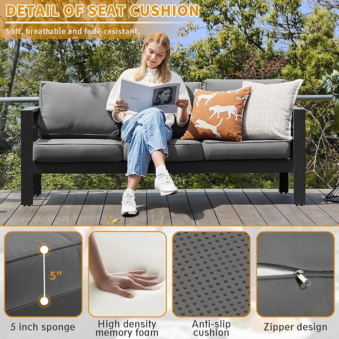Aluminum Patio Set, 3-Seat Outdoor Furniture Set with 5 Inch Cushions, Patio Furniture Sets with Waterproof Covers for Backyard Garden(Grey)