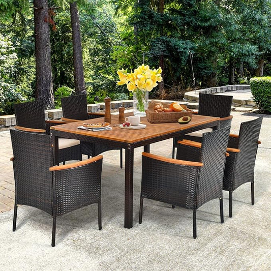 7 Pieces Patio Dining Set Outdoor Dining Set with Umbrella Hole, Wicker Patio Furniture Set with Acacia Wood Table and Chairs, Garden Dining Table Set for Backyard, Desk, Poolside (Brown)
