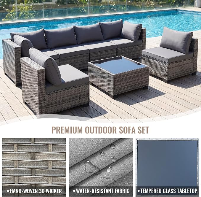 Loungewave 7 Pieces Outdoor Patio Furniture Set, Wicker Rattan Patio Conversation Set with Cushions & Coffee Table, All Weather PE Rattan Patio Sofa with Tea Table for Backyard Porch Garden (Grey)
