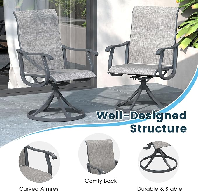 3 Pieces Patio Furniture Dining Set, 2 Textilene Swivel Dining Chairs, 28" Outdoor Square Metal Table with Storage Shelf, Outdoor Dining Set for Porch, Lawn, Garden, Grey/Grey