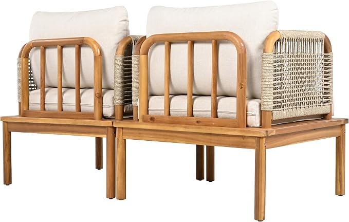 Christopher Knight Home Coby 5-Piece Acacia Wood Patio Furniture Set, Outdoor Conversation Sofa Set with Club Chair, Coffee Table and Ottoman, Patio Sectional Chat Set for Backyard/Balcony, Teak+Beige