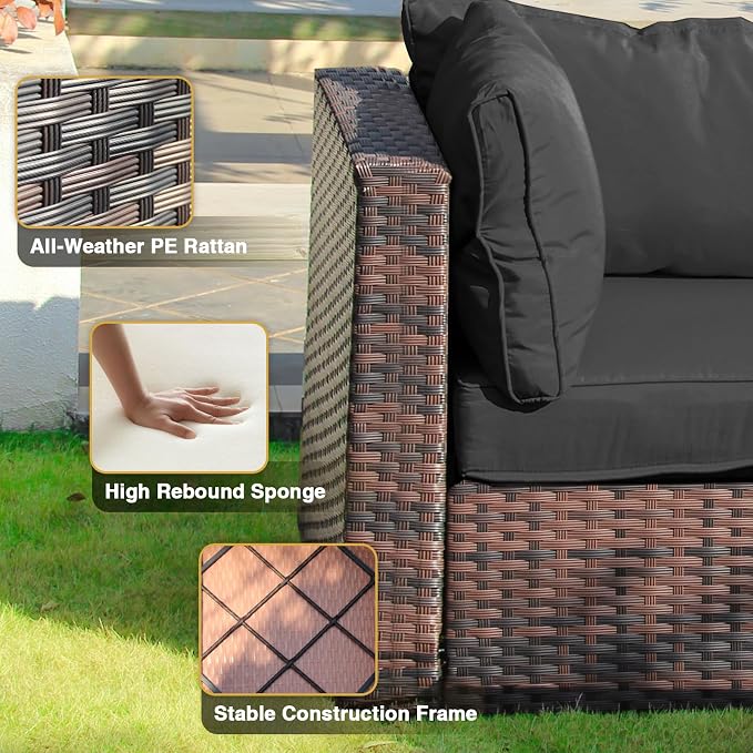 Patio Furniture Set Fire Pit Table 9 Piece All Weather PE Rattan Outdoor Sectional Sofa Couch with 8 x armless Sofa, No-Slip Cushions for Garden, Poolside, Backyard (Black)