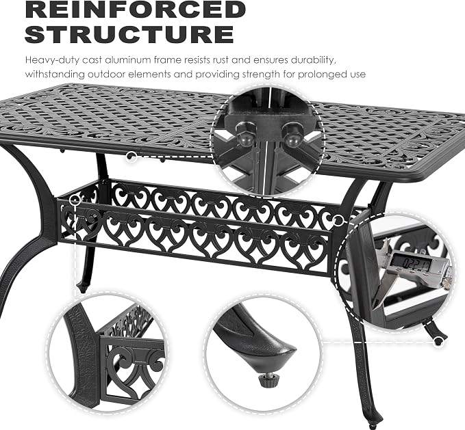 NUU GARDEN 60" Outdoor Dining Table with 2.09" Umbrella Hole, All Weather Cast Aluminum Outdoor Patio Table, 6-8 Person Rectangle Dining Table, Backyard Bistro Table for Garden, Poolside, Black