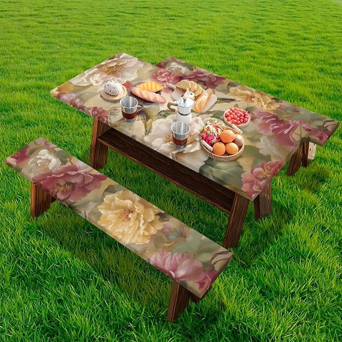 Hummingbird Picnic Table Cover with Bench Covers, Washable Outdoor Camping Essentials Fitted Picnic Table Cover with Bench Covers Suitable for Summer Outdoor Camping