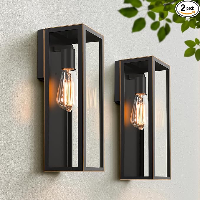 VerRon Outdoor Wall Light Fixtures, Modern Exterior Wall Lanterns, 2-Pack | Black with Gold Trim, Anti-Rust E26 Modern Lighting Fixtures Waterproof with Clear Glass Shades for Patio Garage Front Door
