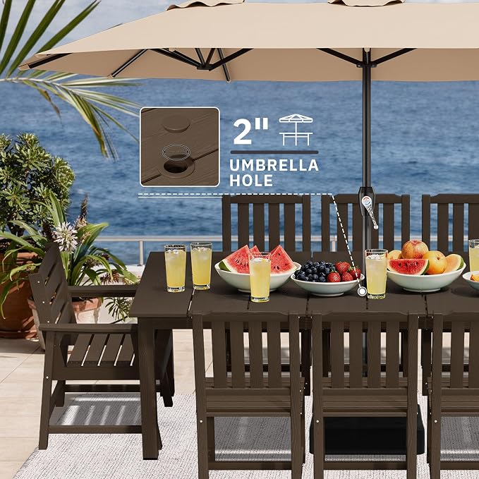 AreShark 7-Piece Outdoor Dining Set,HDPE Patio Table with 6 Armchairs,All-Weather Patio Furniture Set with Umbrella Hole,Low Maintenance Wood Grain Dining Set for Backyard,Garden,Poolside,Black