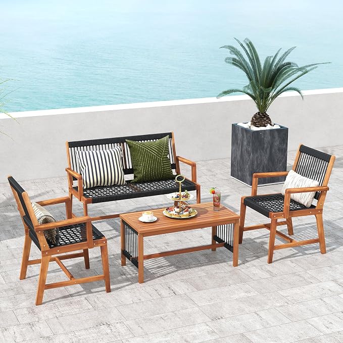 HAPPYGRILL 4 Pieces Patio Furniture Set Acacia Wood Conversation Set with Hand-Woven Rope Design, Ergonomic Loveseat & Single Chairs, Wooden Chair & Table Set for Porch Yard Poolside