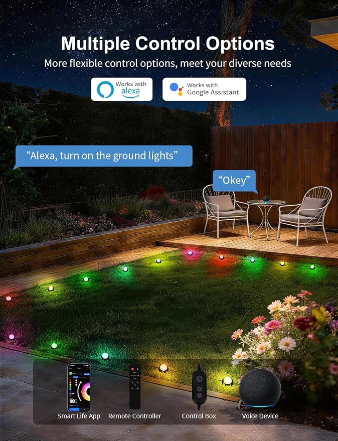 Outdoor Ground Lights 15 Pack, 32FT RGBCW Pathway Lights Wired | Color Changing Landscape Lights, 2200-6500K CCT, IP65 Waterproof, for Path Garden Lawn, Holiday/Party Decor, Alexa Compatible