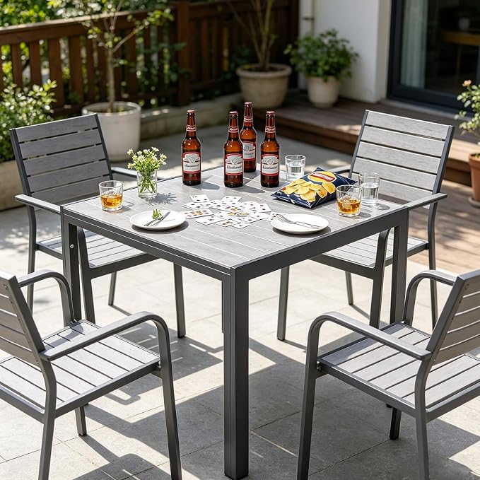 ALBAD 36" Square Outdoor Dining Table for 4 Peolpe, Wood Grain Top | Waterproof HDPE tabletop on powder-coated aluminum frame. all-weather patio table for garden, backyard, deck & porch.