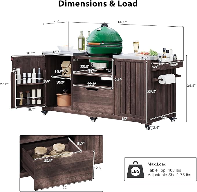 RUNNA Outdoor Kitchen Island for Big Green Egg Grills, Solid Wood Outdoor Grill Cart for Tabletop Grill with Stainless Steel Top, Drawer, Compatible with Large Big Green Egg, Kamado Joe (Brown@029)