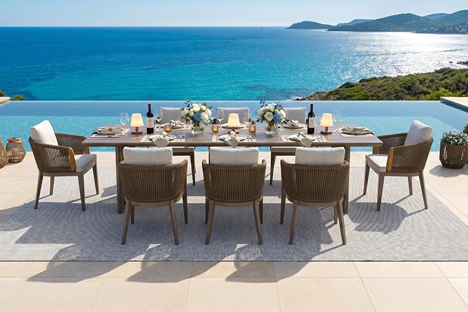 PURPLE LEAF 9 Pieces Outdoor Dining Set for 8, Aluminum Outdoor Patio Table and Chairs Set with Olefin Cushions, All-Weather Patio Dining Set for Garden or Deck, Brown