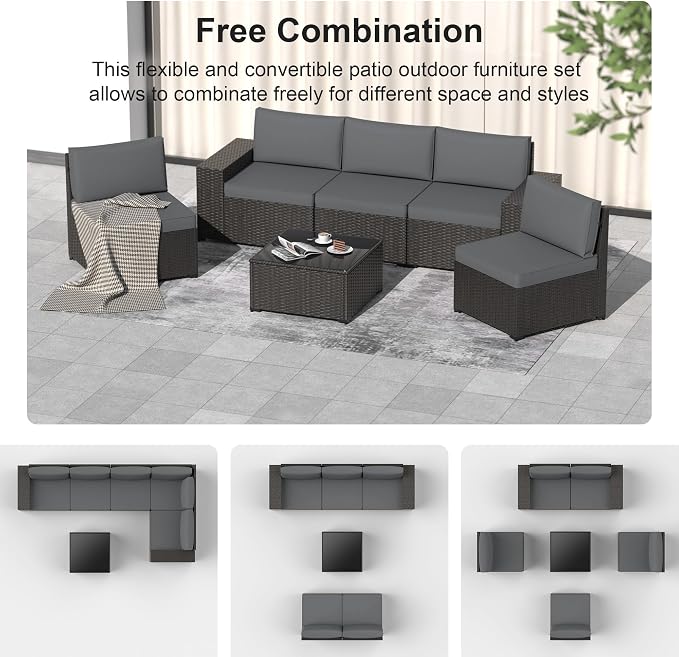 Patio Furniture Set, 6PCS Patio Sectional with Ottoman Wicker Rattan Outdoor Furniture with Thickened Cushion Modular Wicker Patio Conversation Set with Glass Top Table for Balcony, Backyard(Grey)