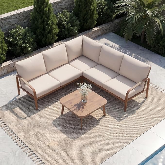 Aluminum Outdoor Patio Furniture Set, L-Shaped Corner Sectional Sofa with Coffee Table, Waterproof 4.8" Cushions, Modern Patio Conversation Set for Balcony, Porch & Backyard, Beige