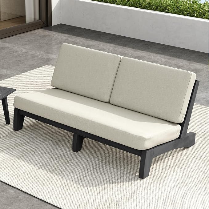 Outdoor Furniture Patio Couch, Weather Resistant 3-Seater Patio Sofa with Removable Cushion, Black Solid Wood Frame for Porch & Backyard Seating - Light Camel