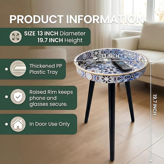 Round Indoor Side Tables with Detachable Wooden 3 Legs, Versatile Tray Table, Perfect for Round Coffee Table Tea, and Relaxation Time 17.7 Inch (33 Bohemian)