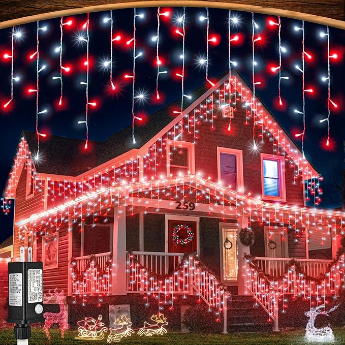 33ft Red and White Icicle Lights for Outside, 400 LED Christmas Lights | Clear Wire Connectable Twinkle Lights with 8 Modes Timer Waterproof for House Window Party Tree Holiday Patio Yard Home Decor
